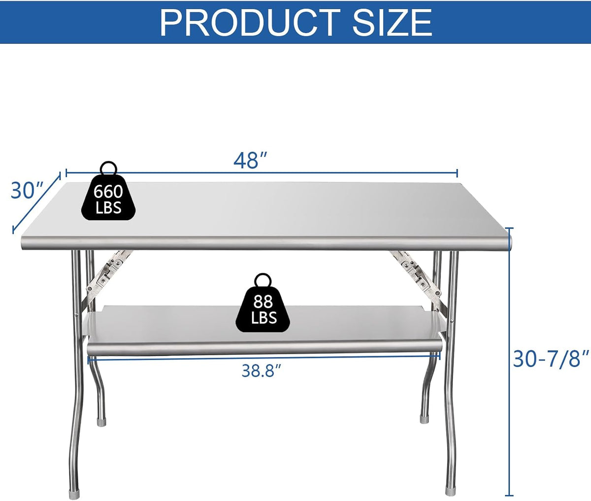 HARDURA Folding Stainless Steel Prep Table with Undershelf 30X48 Inches