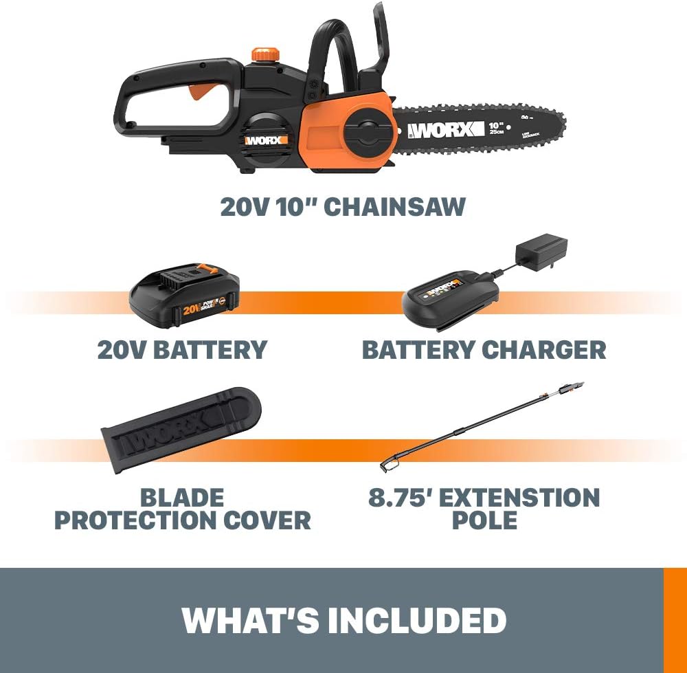 Cordless Chainsaw, 20V 10" 2-in-1 Pole Saw with Auto-Tension, WG323 | 12' extra reach with pole; weighs 10 lbs;