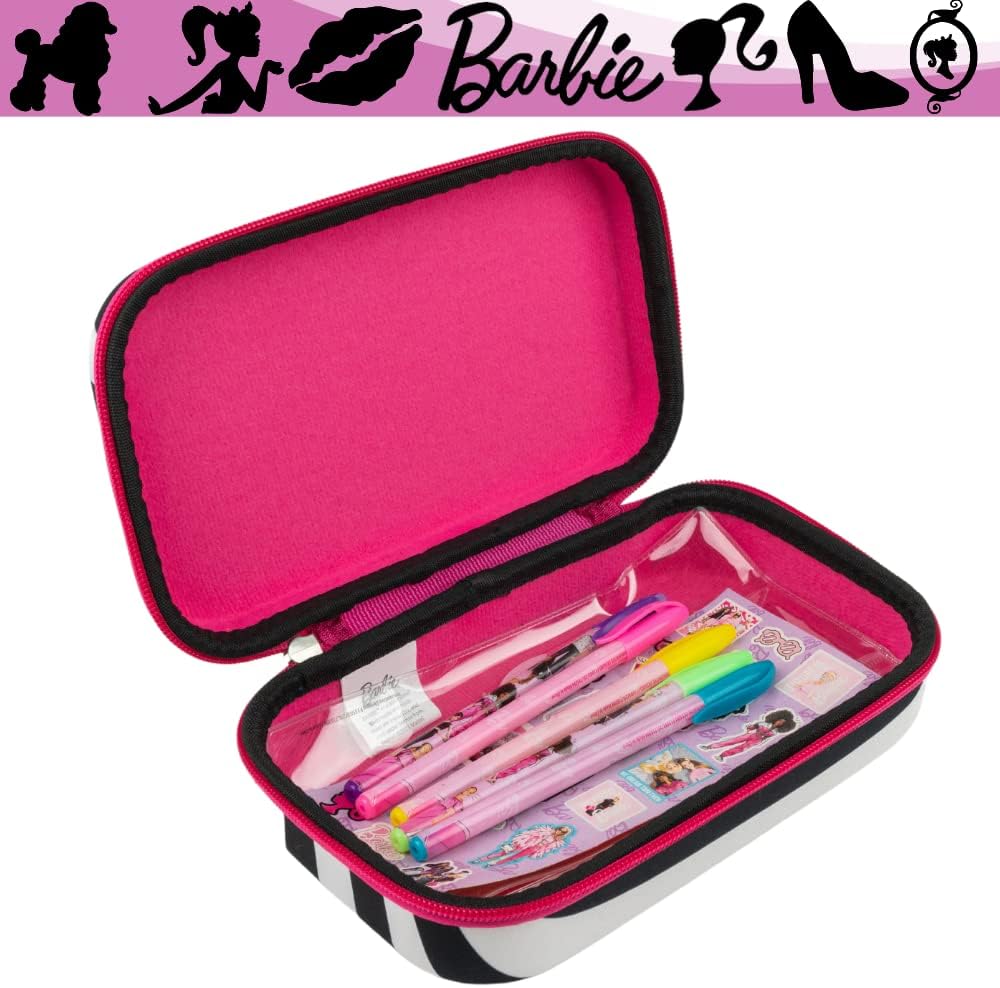 Barbie Pencil Case Set with Stickers and Gel Pens for Kids, Molded with Zip Closure, Pink
