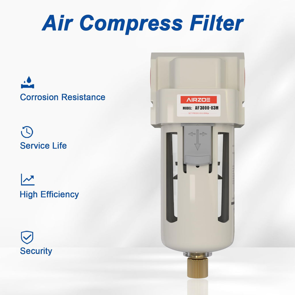 AIRZOE 3/8" NPT Compressed Air Filter, Semi-Auto Drain,0-150psi, AF3000-03
