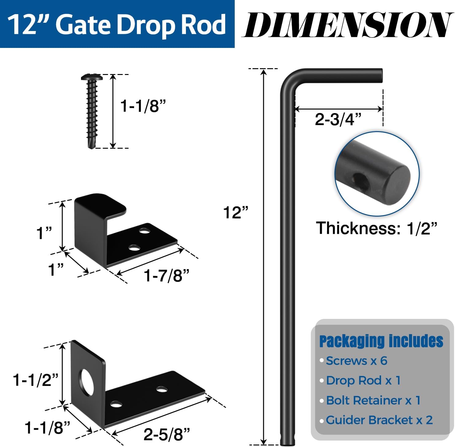 Heavy Duty Cane Bolt Gate Drop Rod, 12" Black Gate Latches Hardware for Wood Fence/Metal/Vinyl/Double Gates, Outdoor