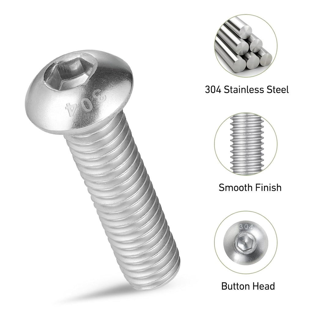 M3 x 20mm 300PCS Button Head Hex Socket Cap Screws Bolts, 304 Stainless Steel 18-8, Allen Hex Drive, Full Thread, Bright Finish, with Hex Spanner