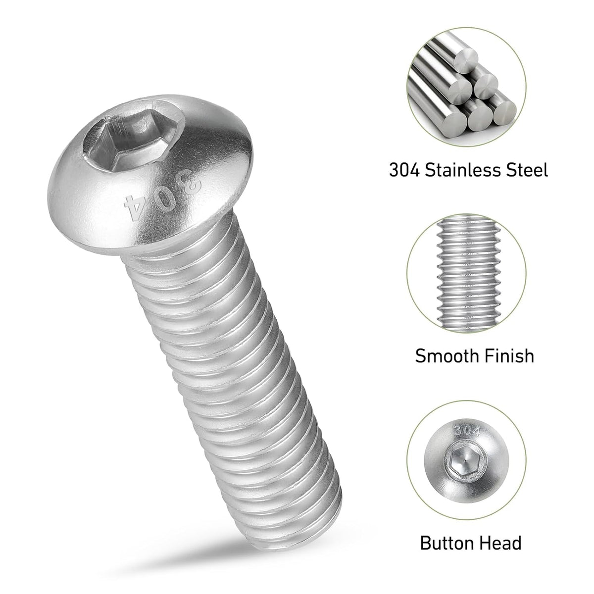 M6 x 12mm 100PCS Button Head Hex Socket Cap Screws Bolts, 304 Stainless Steel 18-8, Allen Hex Drive, Full Thread, Bright Finish, with Hex Spanner