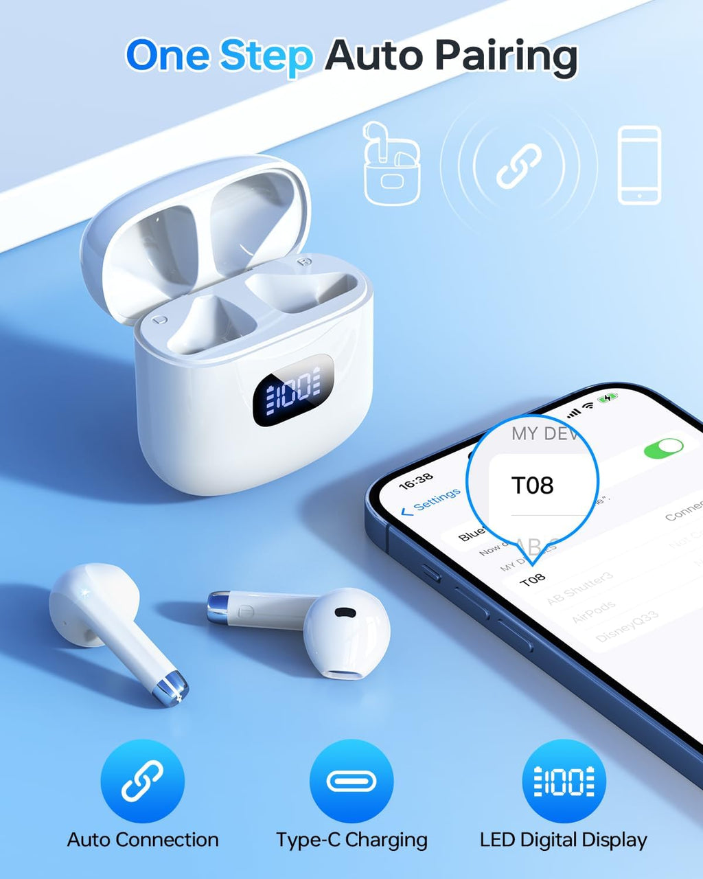 Wireless Earbuds Bluetooth 5.3 Headphones, 40Hrs Playback Stereo Ear Buds with LED Display Charging Case IPX7