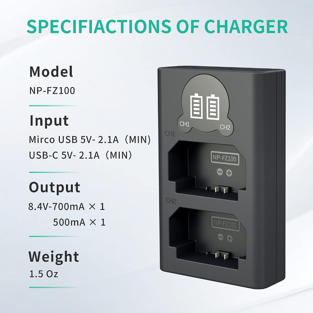 NP-FZ100 Camera Battery Charger, Dual USB Charger with LCD Display, Compatible with Sony A7iii, A7iv, A7C, A6700
