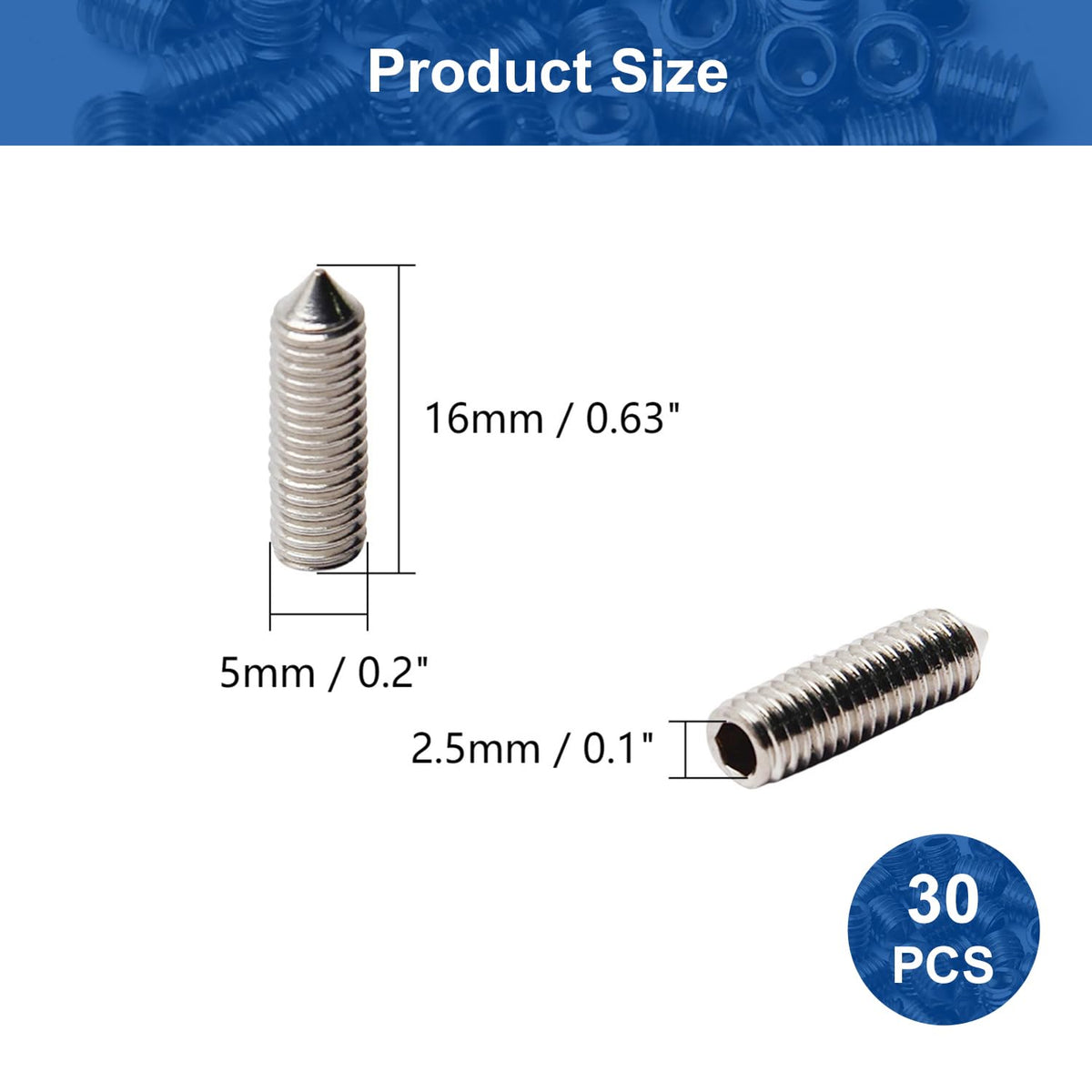 30Pcs M5 x 16mm Cone Point Allen Head Set Screws, 304 Stainless Steel