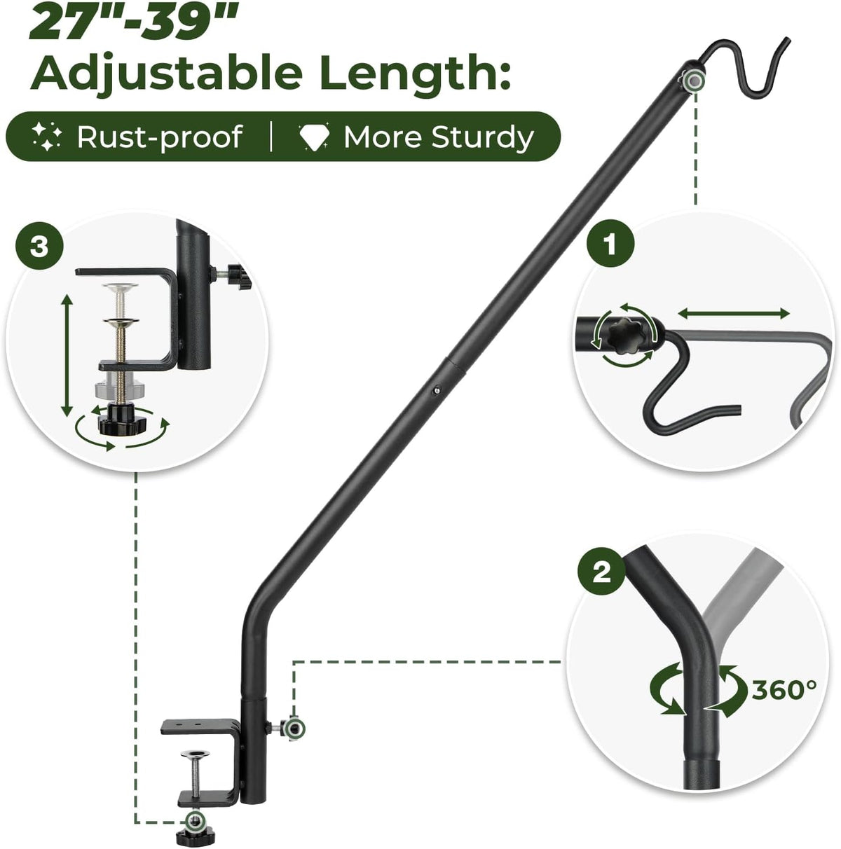 Heavy Duty Deck Hook, 27"-39" Adjustable Metal Deck Railing Hooks for Hanging Bird Feeders, Planters, Suet Baskets