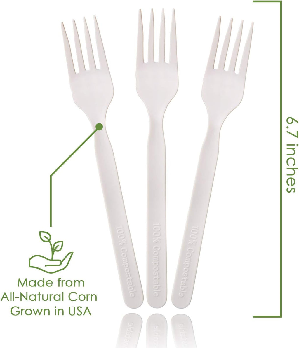 100% Compostable Forks - 500 Large Disposable Utensils (7 in.) Bulk Size Eco Friendly Durable and Heat Resistant