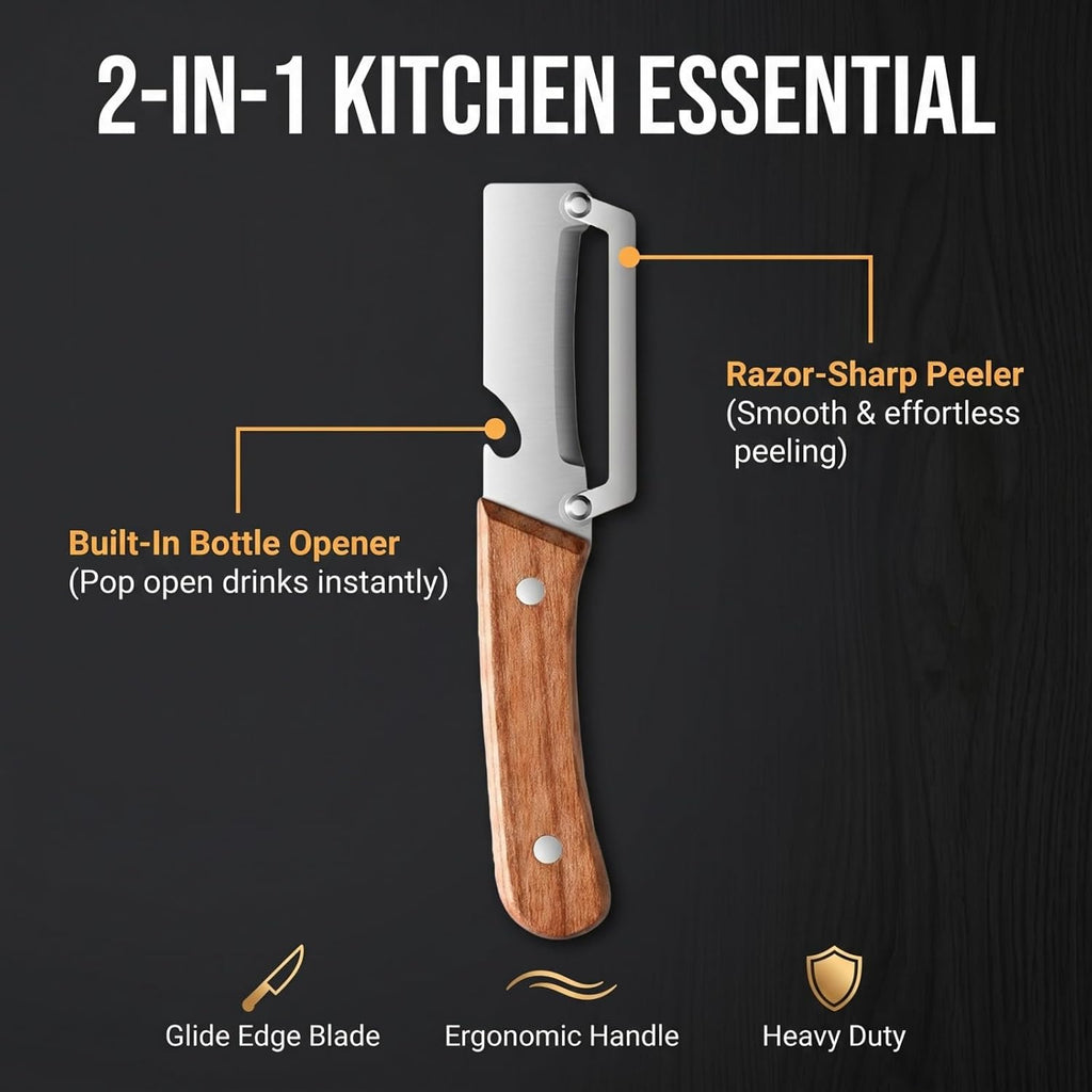 2 in 1 Fruit and Vegetable Peeler, Glide Edge Stainless Steel Vegetable Peeler with Wood Handle & Built-In Bottle