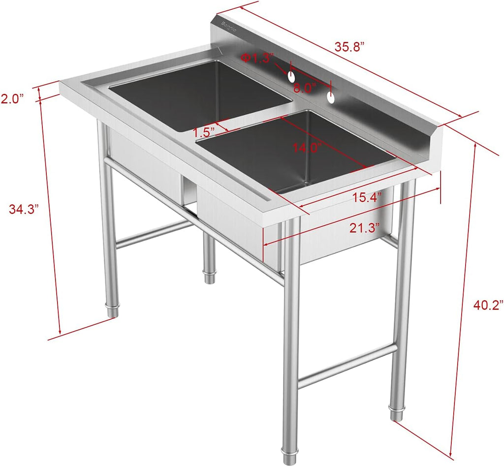 Commercial 304 Stainless Steel Sink 2 Compartment Free Standing Utility Sink for Garage, Restaurant, Kitchen, Laundry