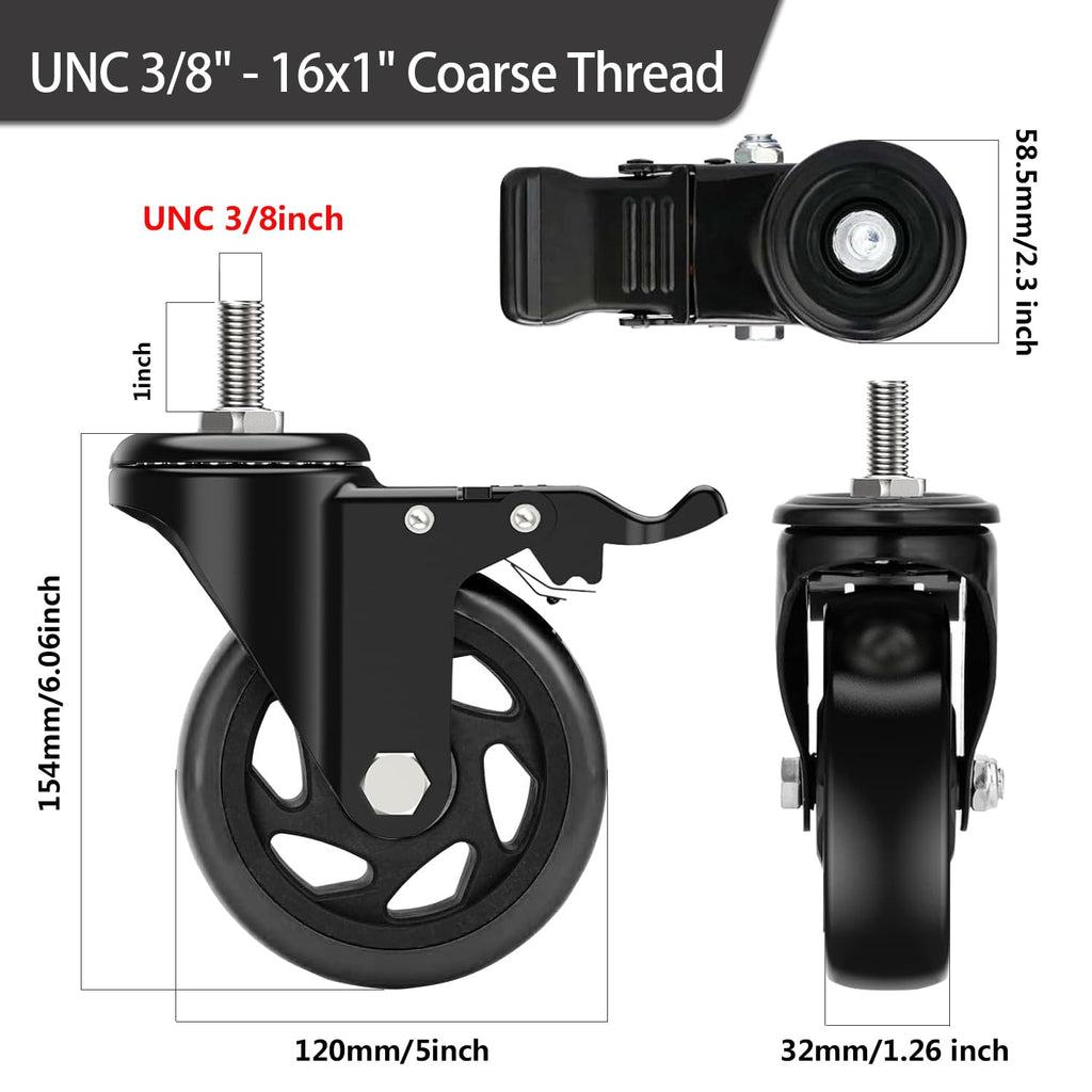 Caster Wheels 5 Inch, Swivel Threaded Stem Casters Set of 4 Heavy Duty 2400lbs, UNC 3/8" -16 x 1 (Stem Diameter 3/8"