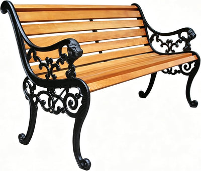 Outdoor Metal Garden Bench, 2-3 Person Patio Park Bench, Two-Seat Solid Wood Seat, Metal Frame, Backrest and