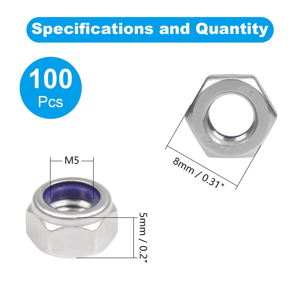 100PCS M5 Locknuts M5x0.8mm Nylon Insert Hex Lock Nuts