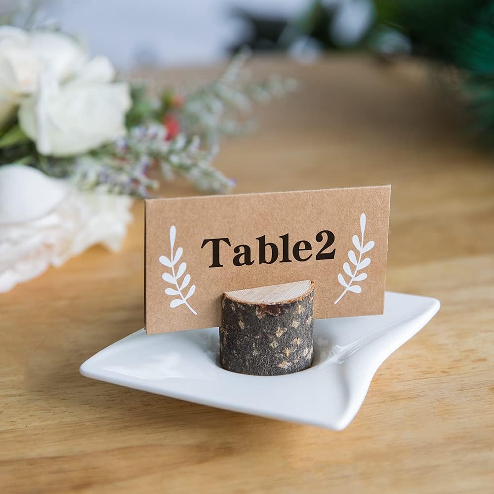 20Pcs Wood Place Card Holders and 24Pcs Kraft Table Place Cards, Rustic Table Number Holders, Food Labels, Name Card