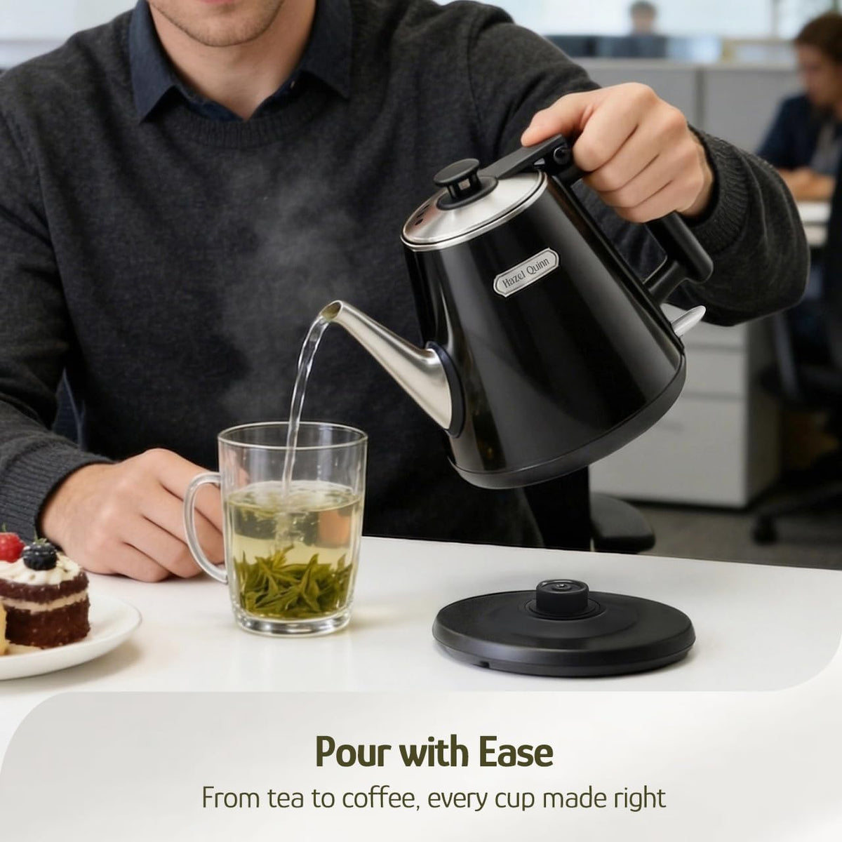 Electric Kettle, 1L/34oz Small Tea Kettle - Jet Black | 800W Fast Boil, 304 Stainless Steel Interior, Double-Wall