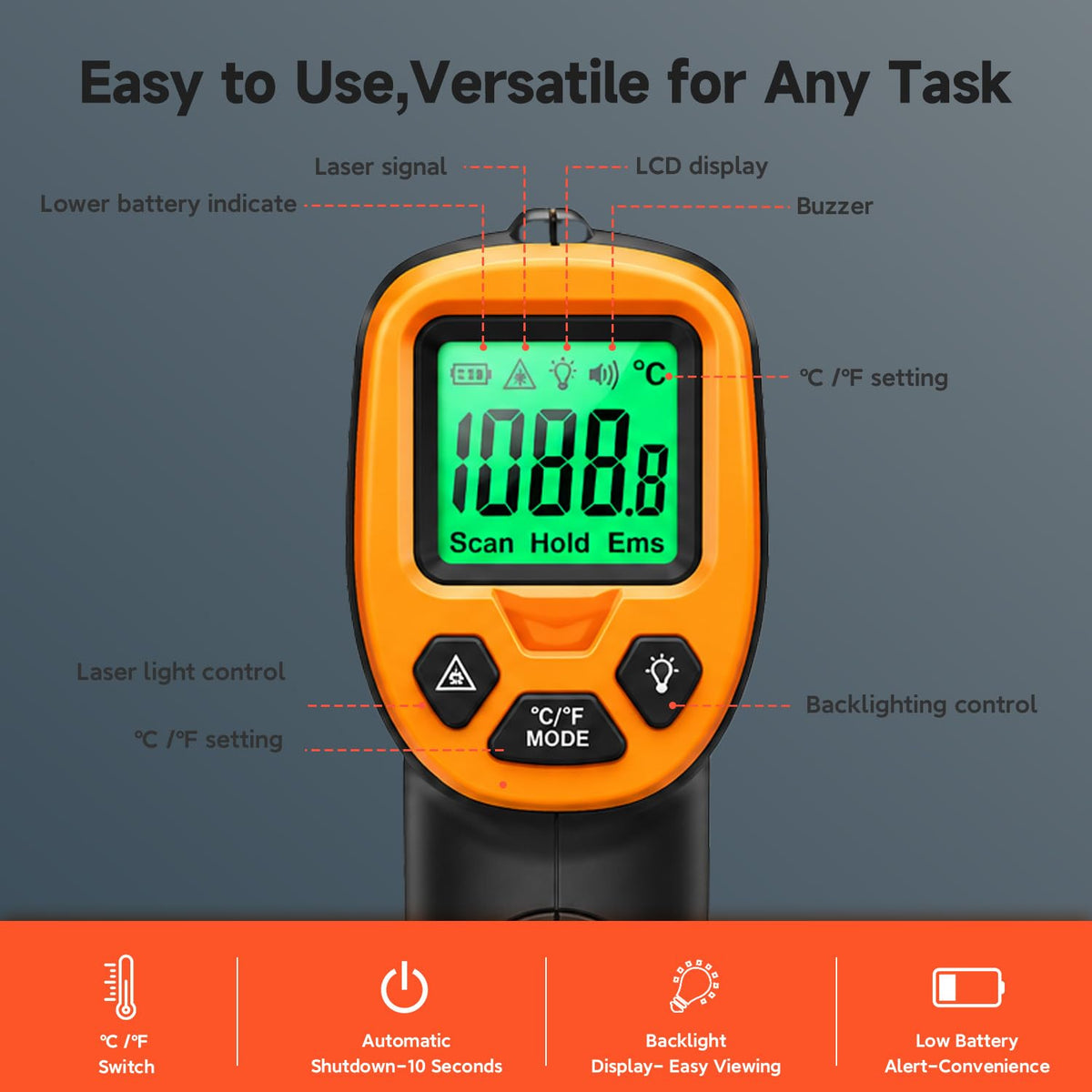 Digital Infrared Thermometer Temperature Gun, 12:1