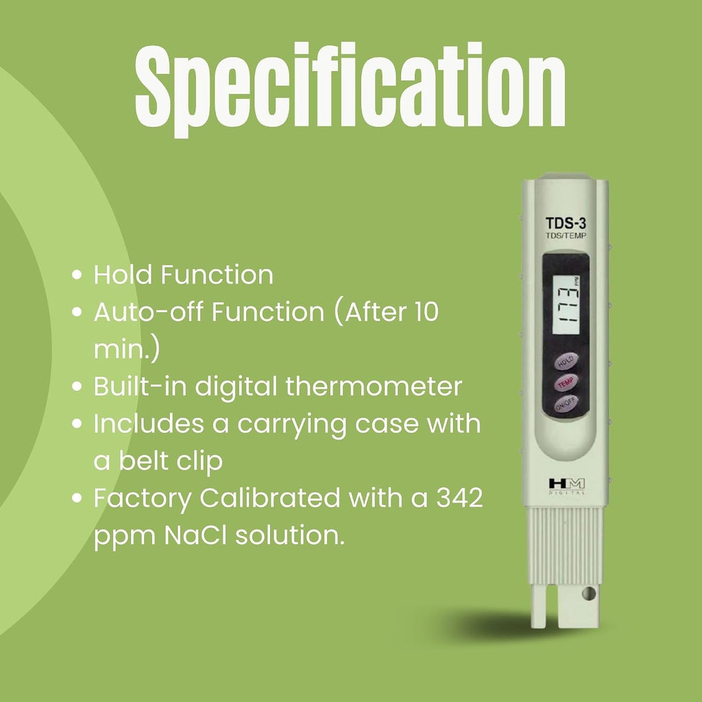 TDS-3 Handheld TDS Meter With Carrying Case, 0 - 9990 ppm TDS Measurement Range, 1 ppm Resolution, +/- 2% Readout