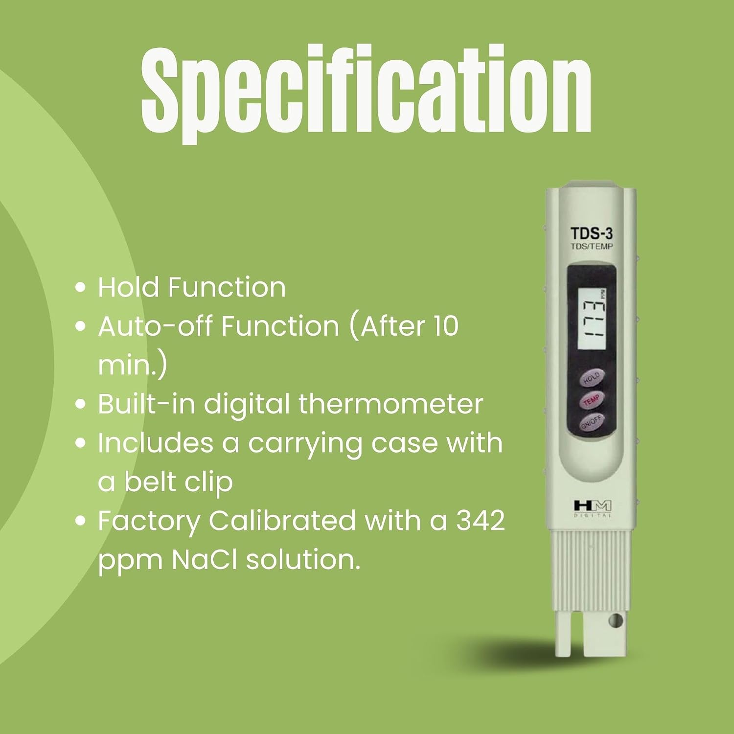 TDS-3 Handheld TDS Meter With Carrying Case, 0 - 9990 ppm TDS Measurement Range, 1 ppm Resolution, +/- 2% Readout