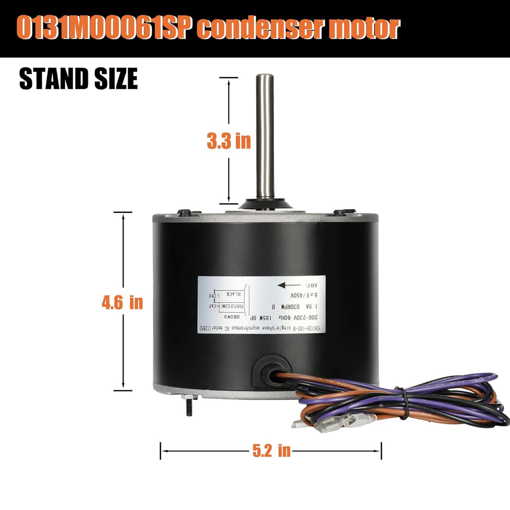 0131M00061SP Condenser Fan Motor, 1/4 Hp Condenser Fan Motor | 1/4 HP 830RPM 208-230V 1.5A Compatible with Goodman