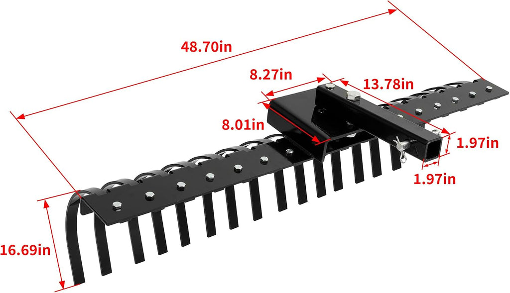 48" Tow Behind Landscape Rake Compatible with ATV UTV Tractor W/2" Receiver for Leaves, Debris, Grass, Pine Needles
