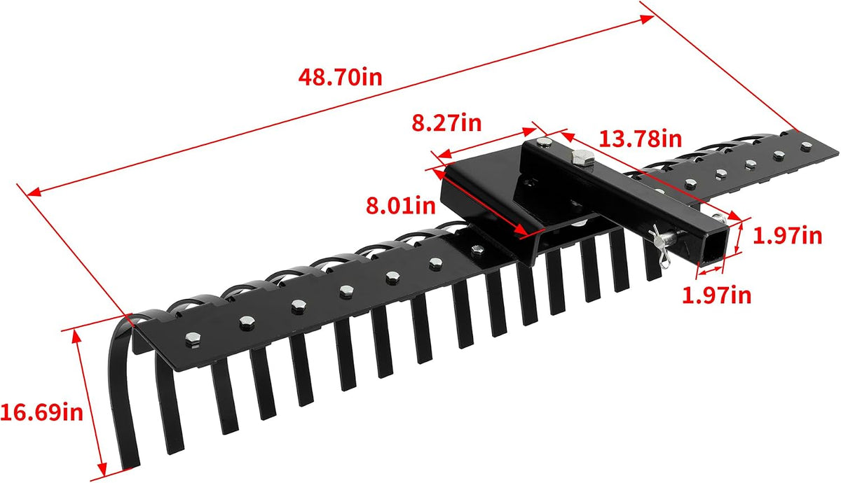 48" Tow Behind Landscape Rake Compatible with ATV UTV Tractor W/2" Receiver for Leaves, Debris, Grass, Pine Needles