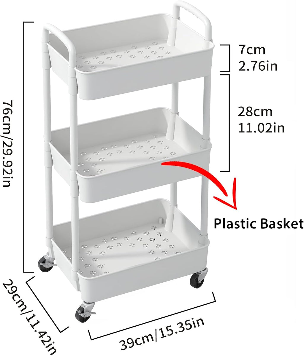 3-Tier Plastic Rolling Utility Cart with Wheels for Storage,White