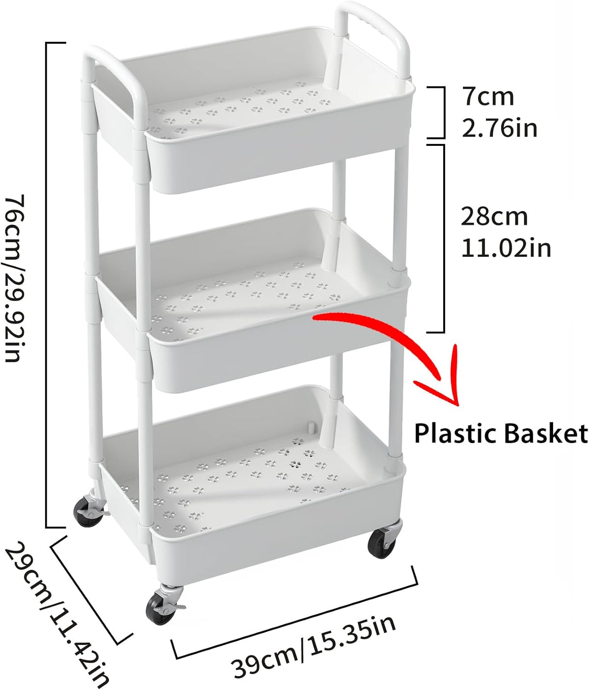 3-Tier Plastic Rolling Utility Cart with Wheels for Storage,White