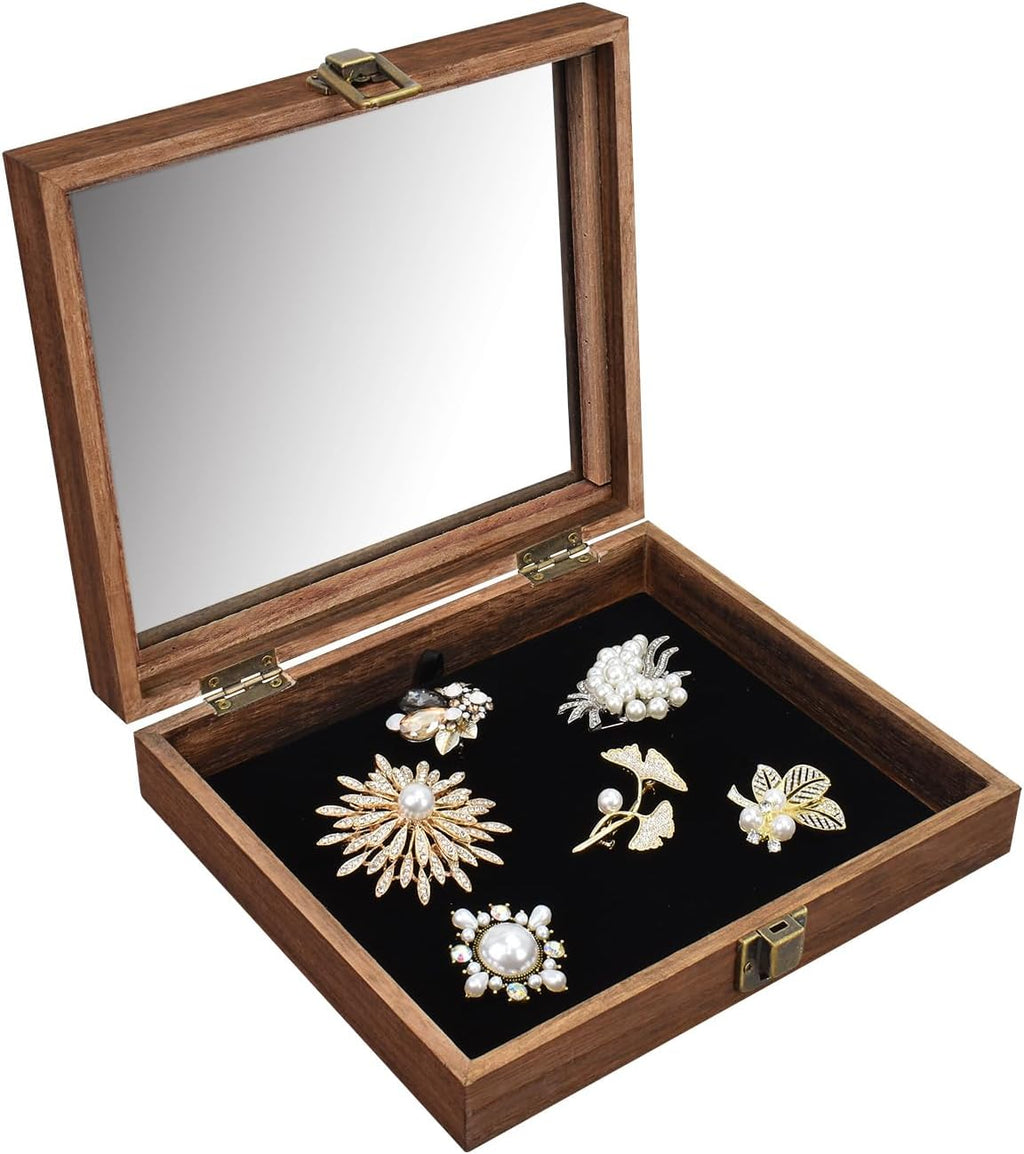 Tempered-Glass Top Small Wooden Jewelry Display Case with Removable Black Luxurious Velvet Jewelry Display Pad