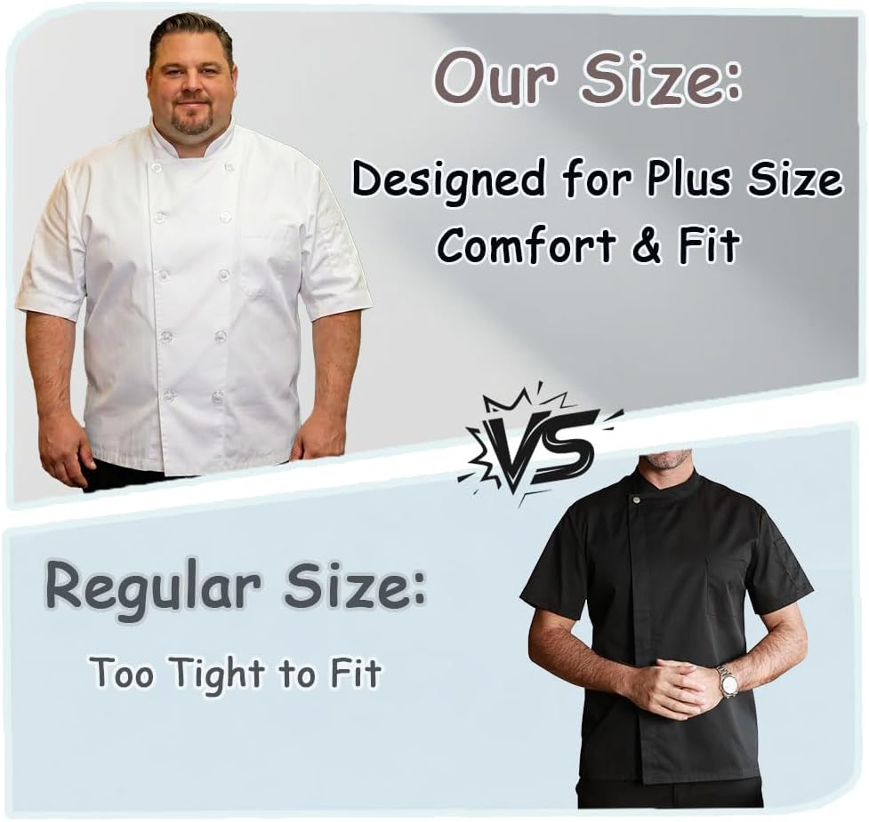 Plus Size Chef Coat Short Sleeve for Big and Tall Chef, Camisas de Chef Para Hombre Talla Grande, Big Size Only.