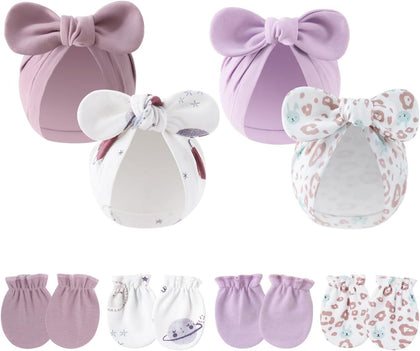 4PCS Newborn Baby Hospital Hats Beanie Bow Infant Caps Cotton Preemie Hats No Scratch Mittens Set for 0-1 Years Old