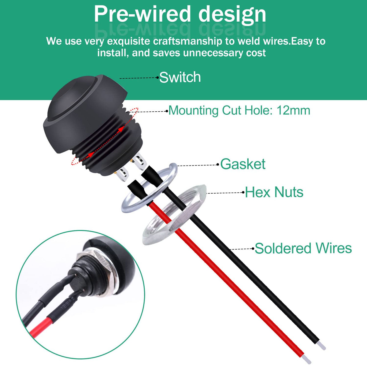 Twidec/6Pcs 12mm Momentary Push Button Switch 1/2" Mounting Hole On Off Mini Round Waterproof Black with Pre-soldered Wires PBS-33B-BK-X