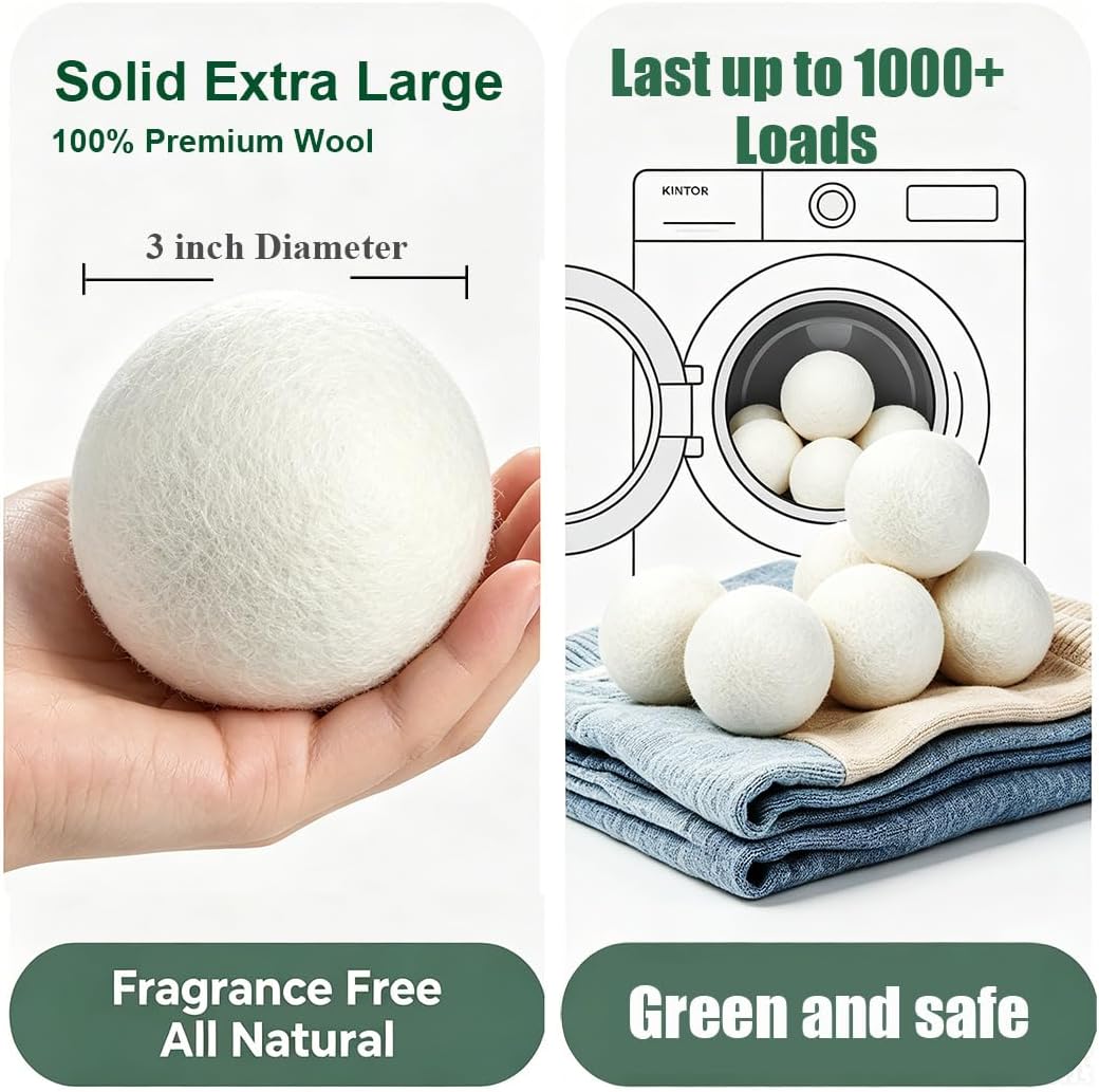Wool Dryer Balls XL 6-Pack, Reusable Natural Laundry Fabric Softener