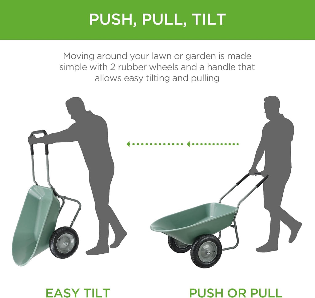 Dual-Wheel Home Utility Yard Wheelbarrow Garden Cart w/Built-in Stand for Lawn, Gardening, Construction - Seafoam