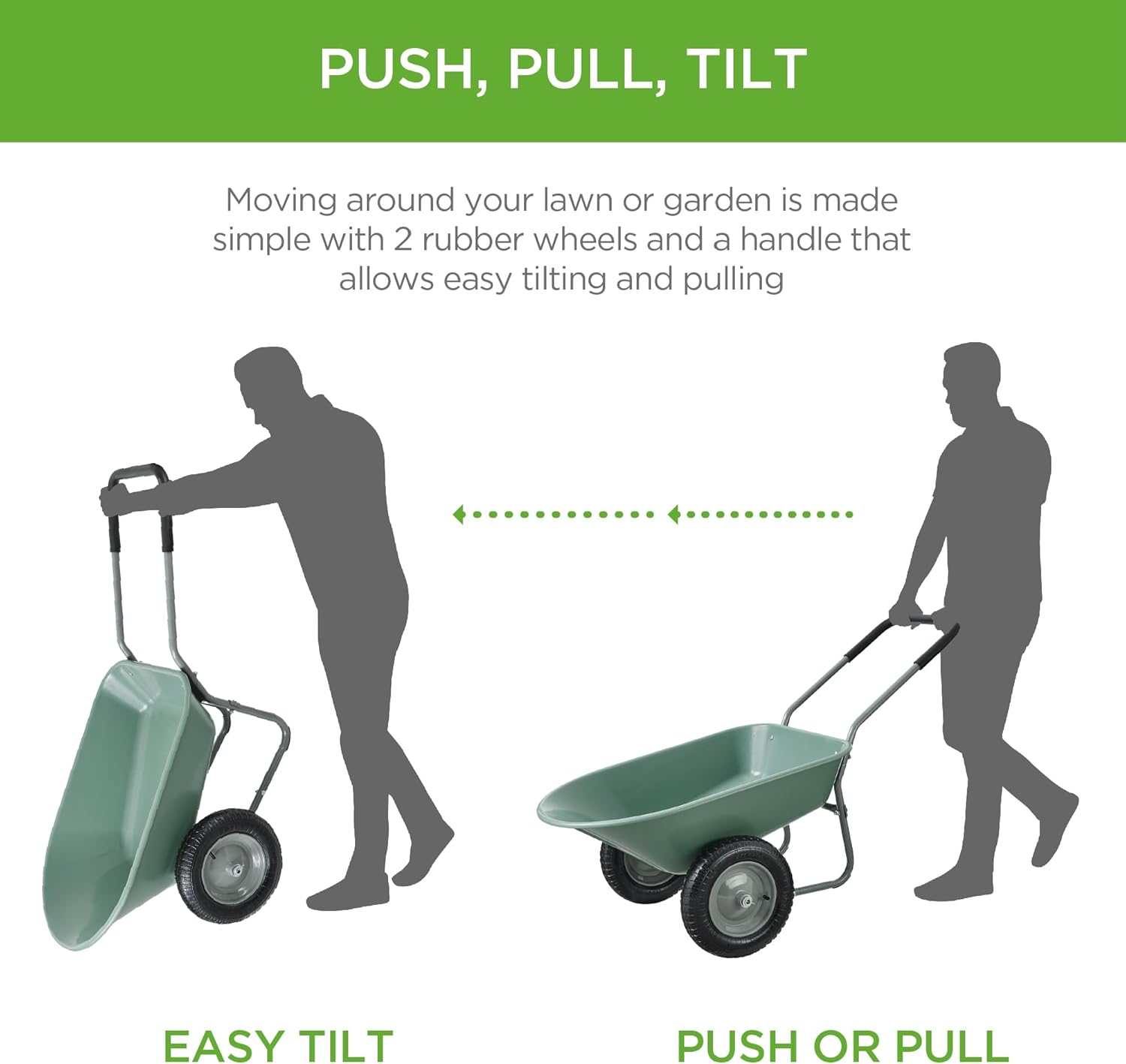 Dual-Wheel Home Utility Yard Wheelbarrow Garden Cart w/Built-in Stand for Lawn, Gardening, Construction - Seafoam