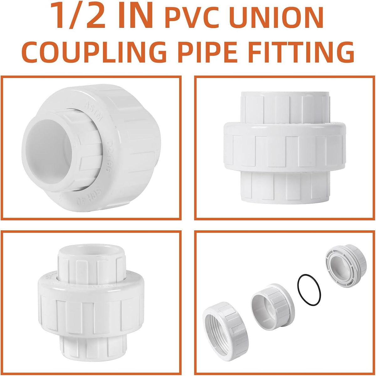 20 Pack 1/2'' PVC Union Coupling Pipe Fitting (Socket x Socket) 1/2 Inch PVC Slip Union Coupling Adapter Schedule 40, EPDM O-Ring Adapter