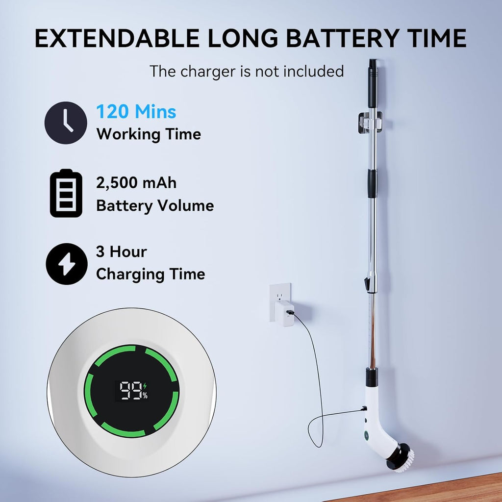 Electric Bathroom Cleaning Brush, Cordless Spin Scrubber Full Body Waterproof IPX7 with Adjustable Handle, 8