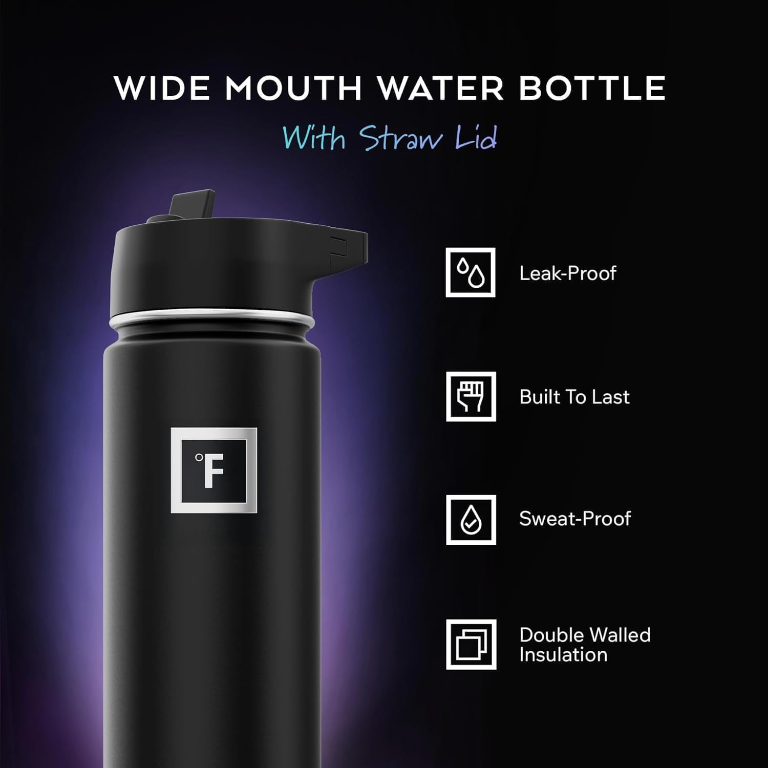 Camping & Hiking Hydration Flask with Straw, Wide Mouth Insulated Stainless Steel Sports Water Bottle - 40 oz