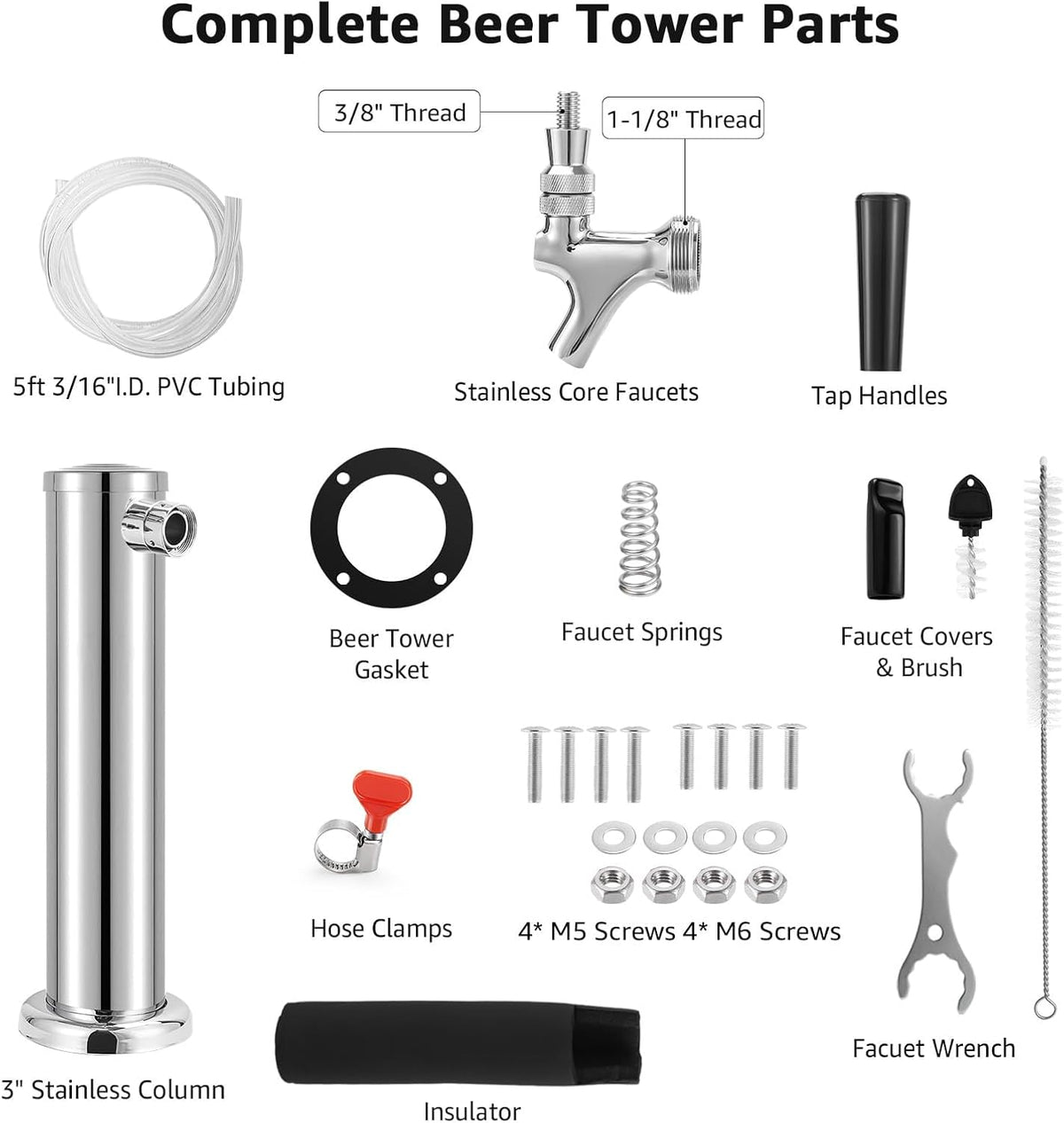 Kegerator Single Tap Tower, Pre-assembled Keg Tower with Kegerator Parts