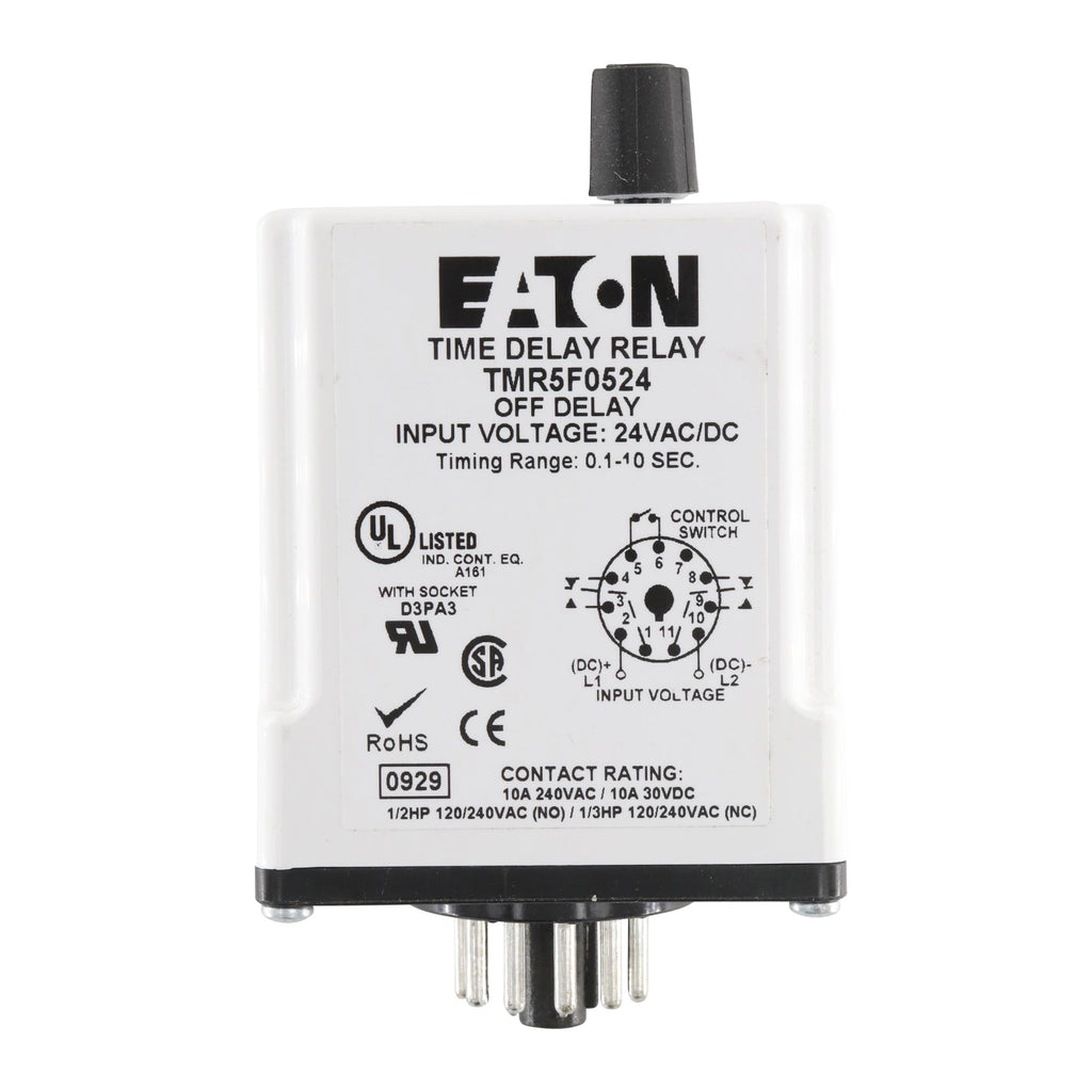 EATON TMR5F0524 Time Delay Relay, Off Delay, 0.1-10 Second, 11-Pin, 10A, 240VAC, 24VAC/DC