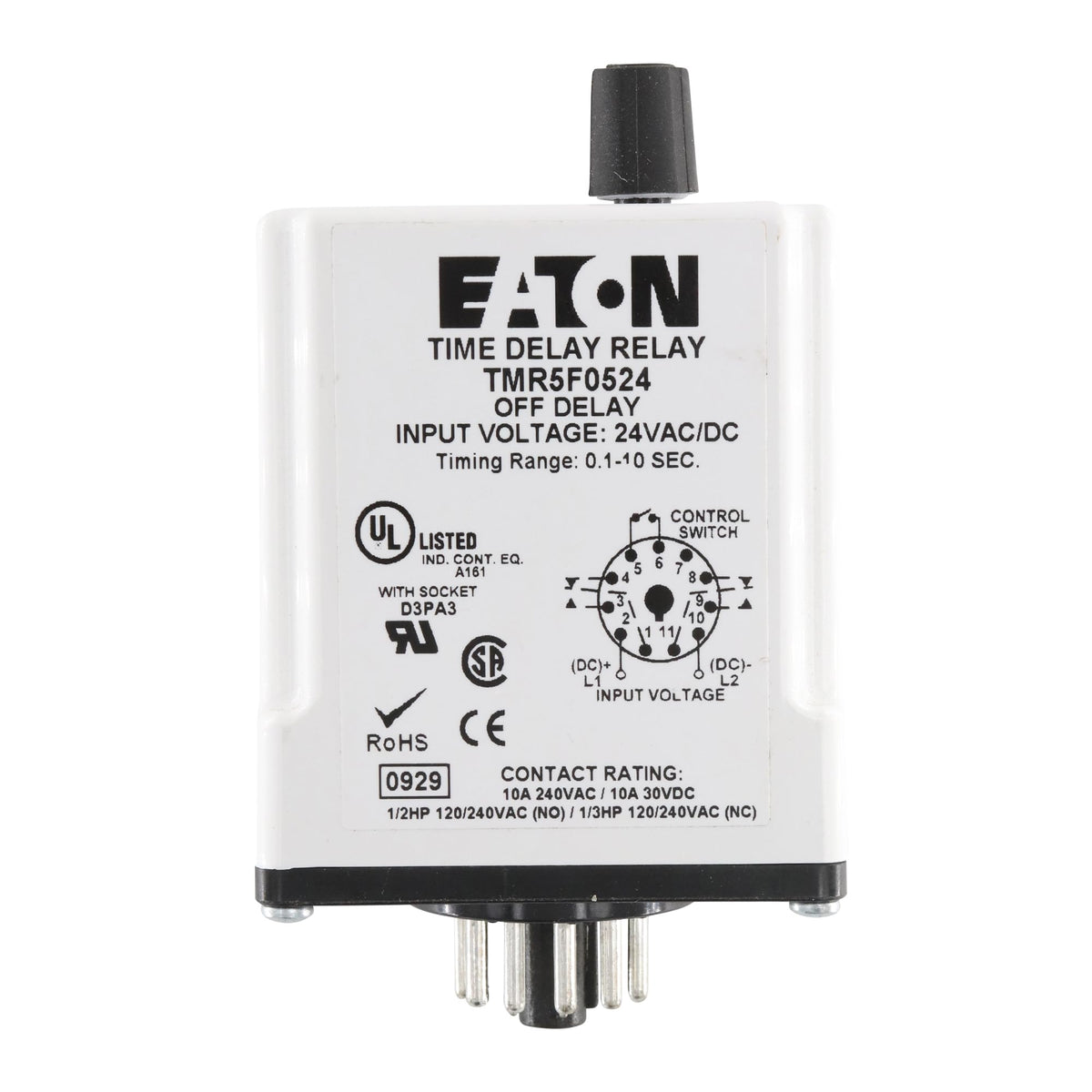 EATON TMR5F0524 Time Delay Relay, Off Delay, 0.1-10 Second, 11-Pin, 10A, 240VAC, 24VAC/DC