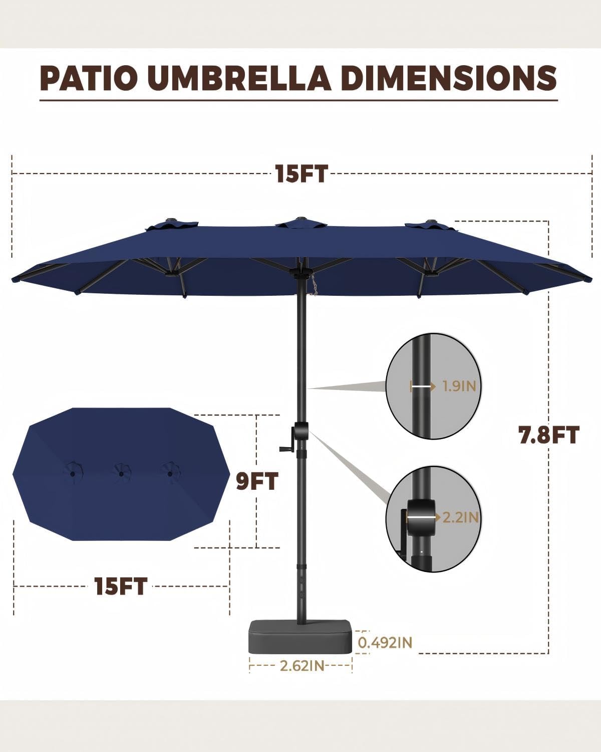 15ft Patio Umbrella with Base Include, Large Outdoor Double-Sided Rectangle Umbrella with Easy Crank Handle for