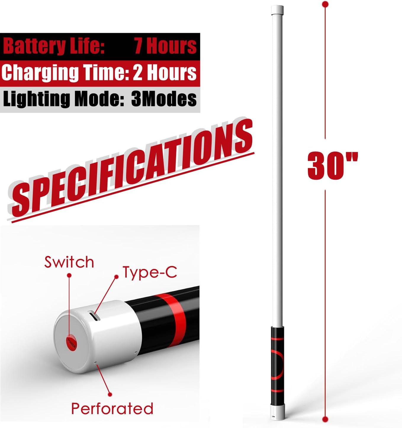 Flexible LED Flashlight Stick, 30" Bendable Mechanic Work Light Rechargeable High Lumen Professional Light 3 Lighting