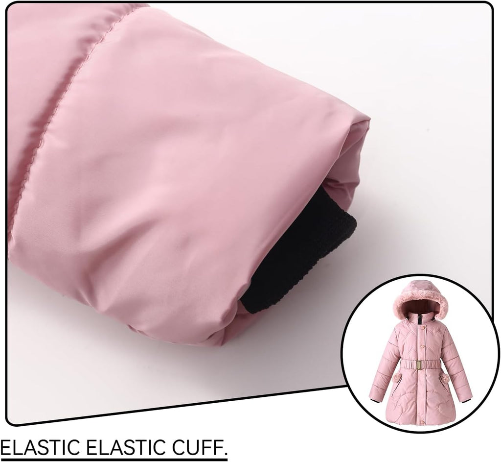 Girl Winter Dress Coats Hooded Fleece Jacket Kid Padded Heavy Parka | Elasticized Waist Belt; Warm Quilted Thick
