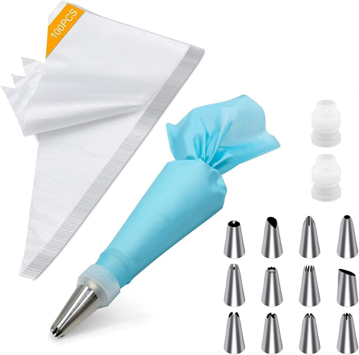 Piping Bags and Tips, Cake Piping Bags and Tips Suitable for Beginners Included 100PCS 16 Inch Disposable Piping Bags