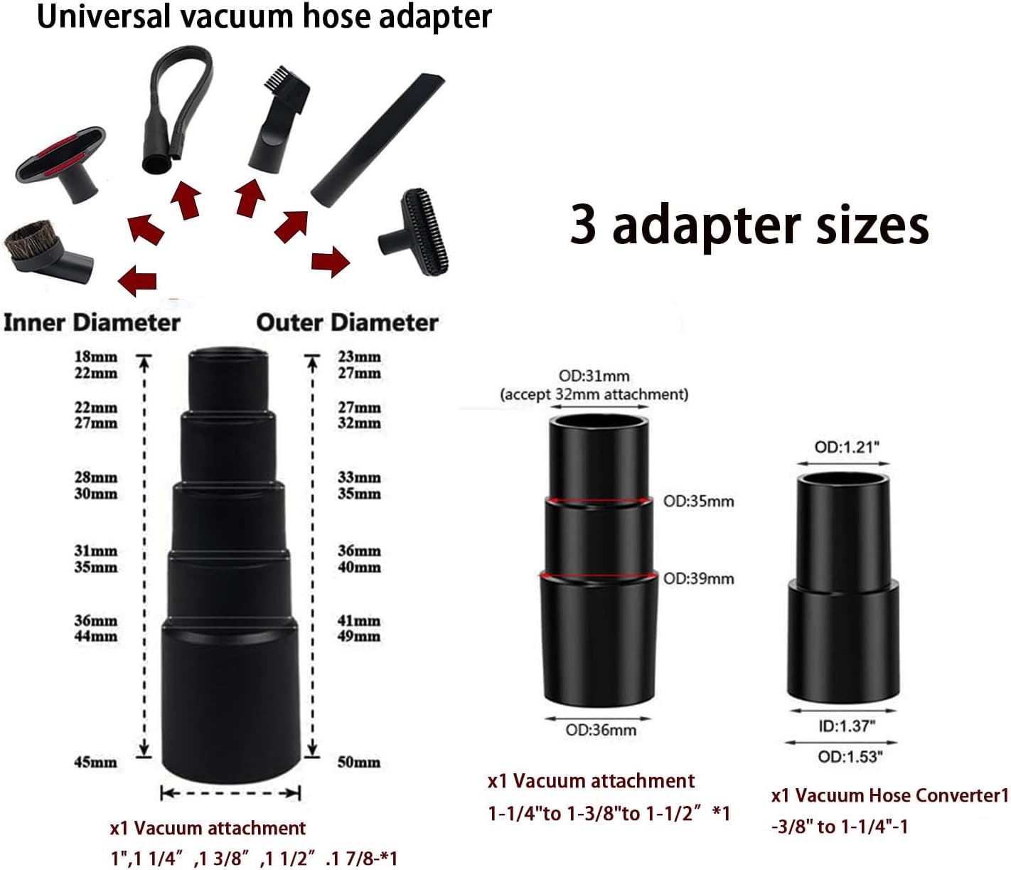 Universal Vacuum Attachments Kit -Shop Vac Attachments1 7/8" to 1 1/4" Vacuum Attachments Cleaners Accessories for