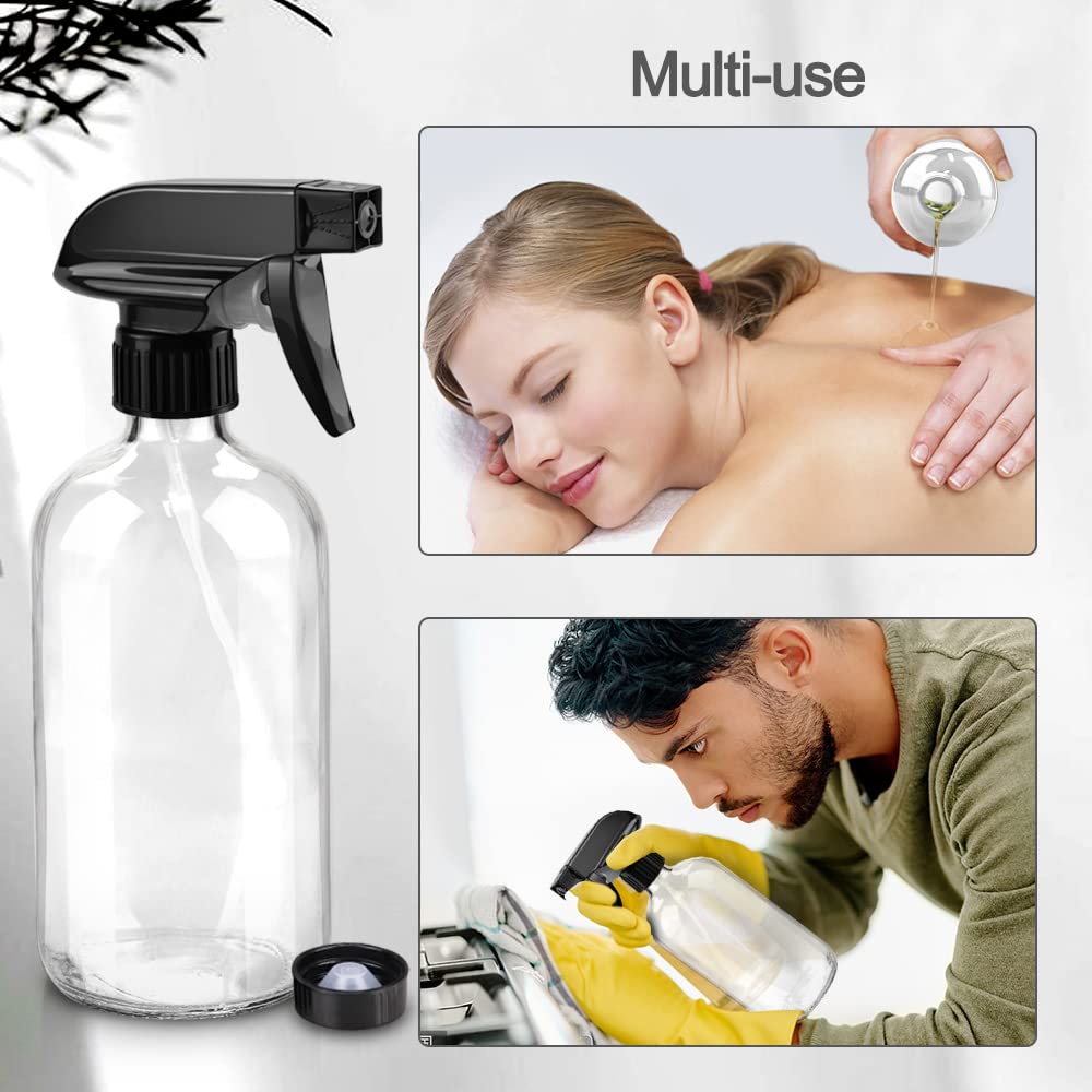 Glass Spray Bottles, 16oz Refillable Containers, Empty Boston Round Bottles with Labels & Adjustable Nozzle for