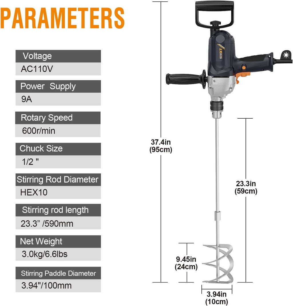 Drill Mixer Set with Spade Handle 1/2 inch Electric Corded Mixing Drill Machine 9A Motor Concrete Mud Mixer