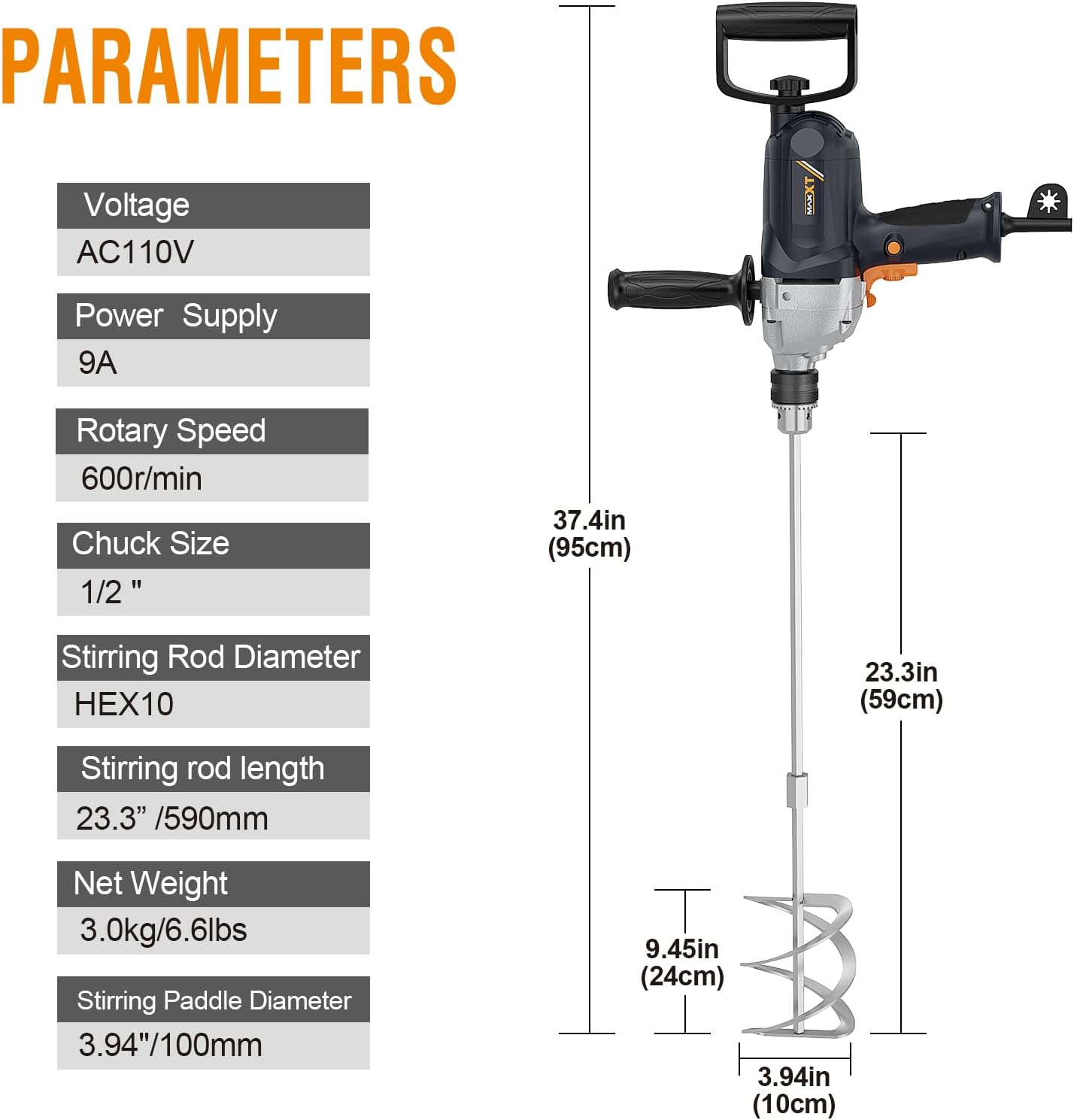 Drill Mixer Set with Spade Handle 1/2 inch Electric Corded Mixing Drill Machine 9A Motor Concrete Mud Mixer