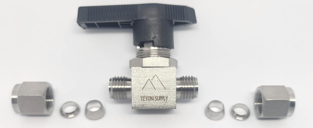 Stainless Steel Mini Ball Valve, 1/4", 316 Stainless Steel, 1000 PSI. Swagelok Compatible SS-42GS4, SS42GS4 Parker Compatible 4A-MB4LPFA-SSP. 1/4" Valve.