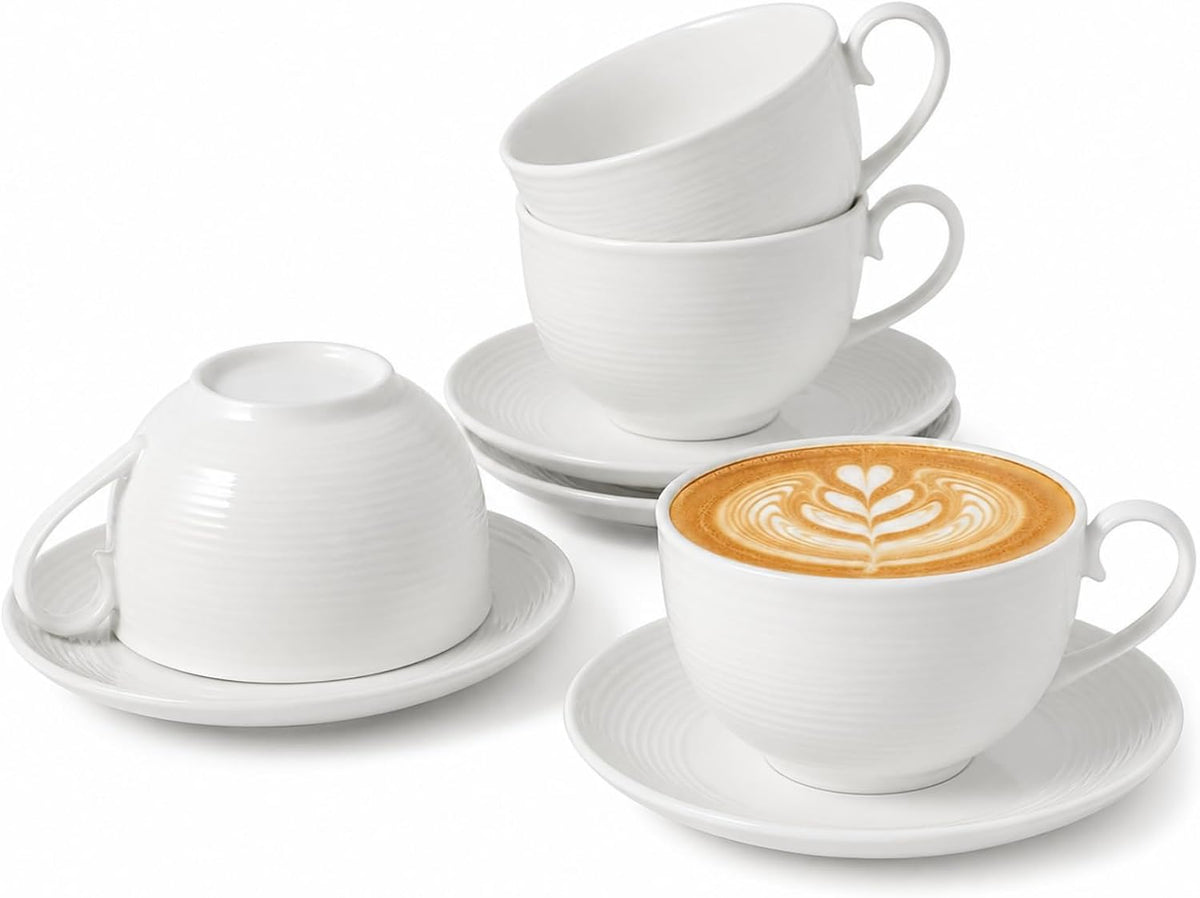 Porcelain Cappuccino Cups with Saucers, 4-Piece Coffee Cup Set